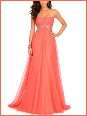 La Femme Strapless Coral Embellished Dress Gown